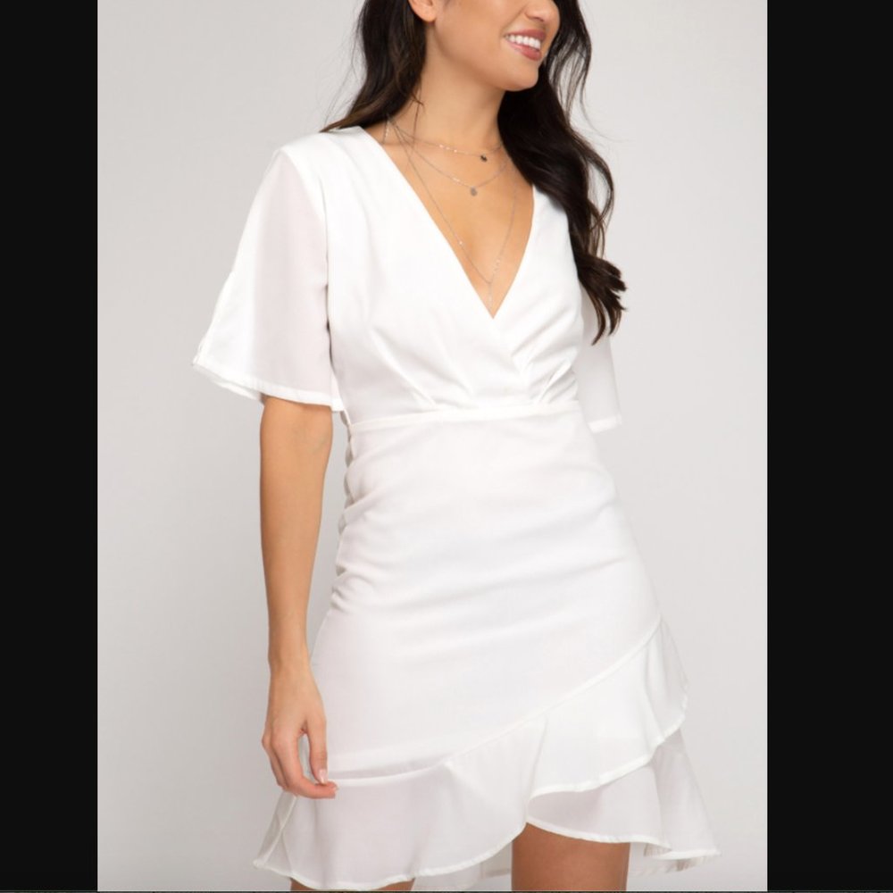 White faux wrap dress